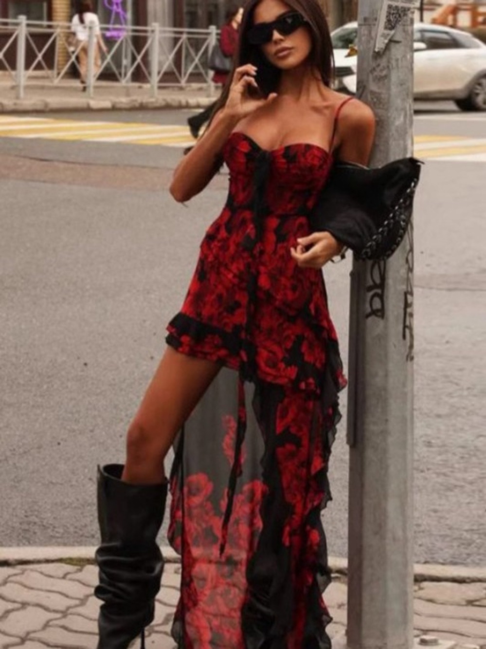 Red Floral High-Low Corset Slip Dress